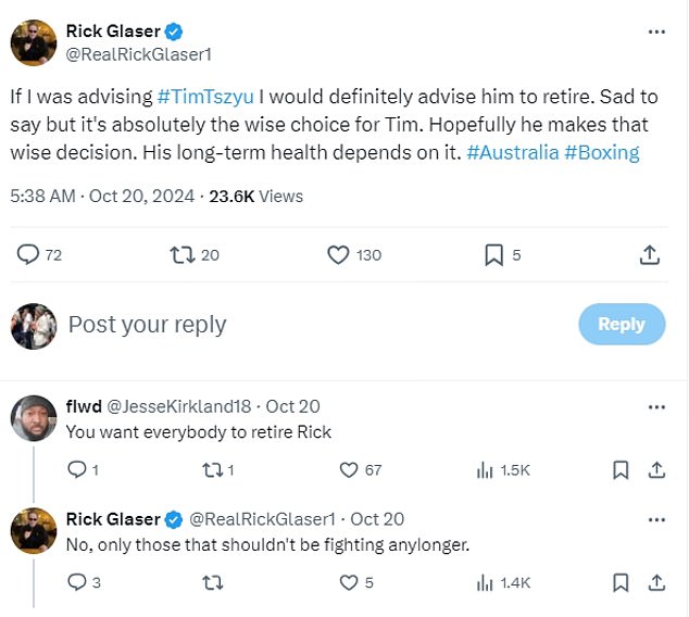 Matchmaker Rick Glaser took to X (formerly Twitter) to claim that Tszyu should retire now.