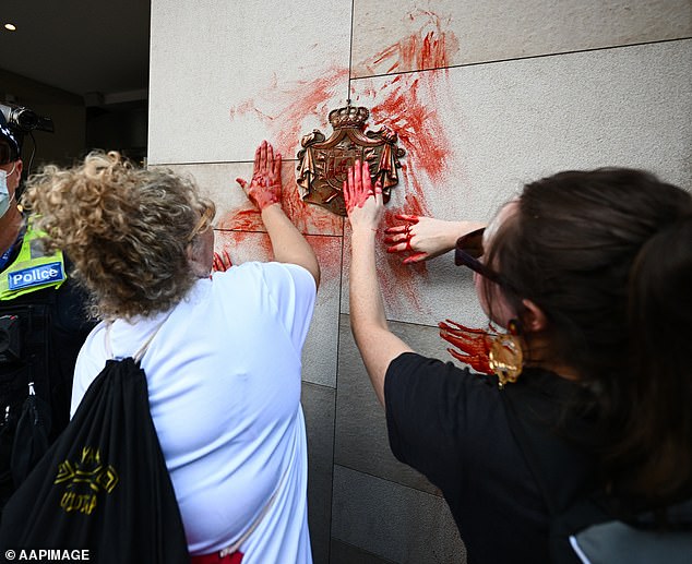 Thorpe faced backlash after protesters at a protest she led smeared fake blood on the wrong coat of arms (pictured).