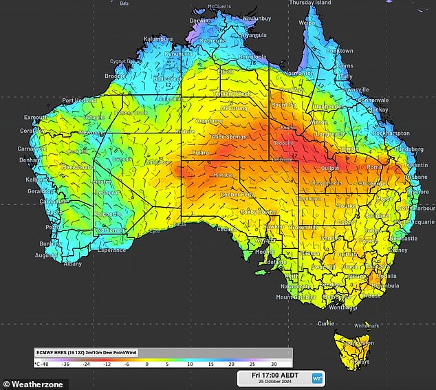 On Friday, much of central and southern Australia will be in fire danger zones (pictured)