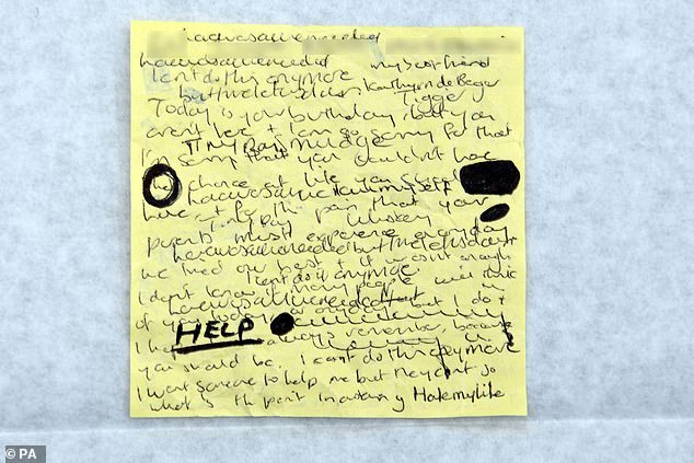 Photo issued by Cheshire Police/CPS of a handwritten note shown in court at Lucy Letby's trial. He was found by police at Ms Letby's home in Westbourne Road, Chester.