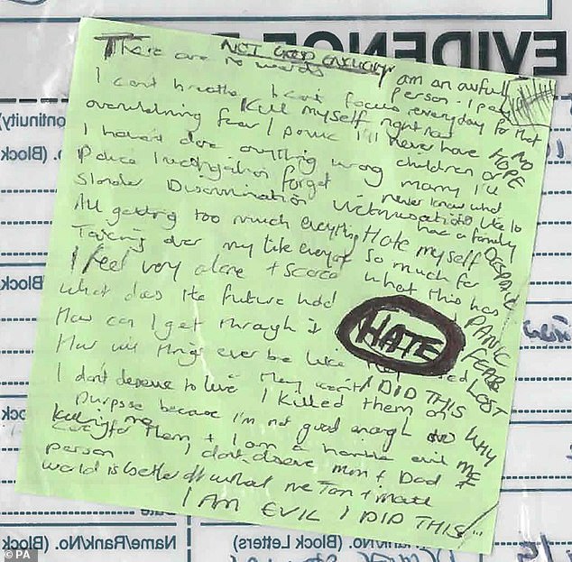 Photo issued by the Crown Prosecution Service (CPS) of a note found in Lucy Letby's home, which was shown at her trial at Manchester Crown Court.