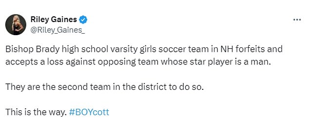 The Bishop Brady team's protest act also received praise from former competitive swimmer Riley Gaines, who applauded them for accepting a 