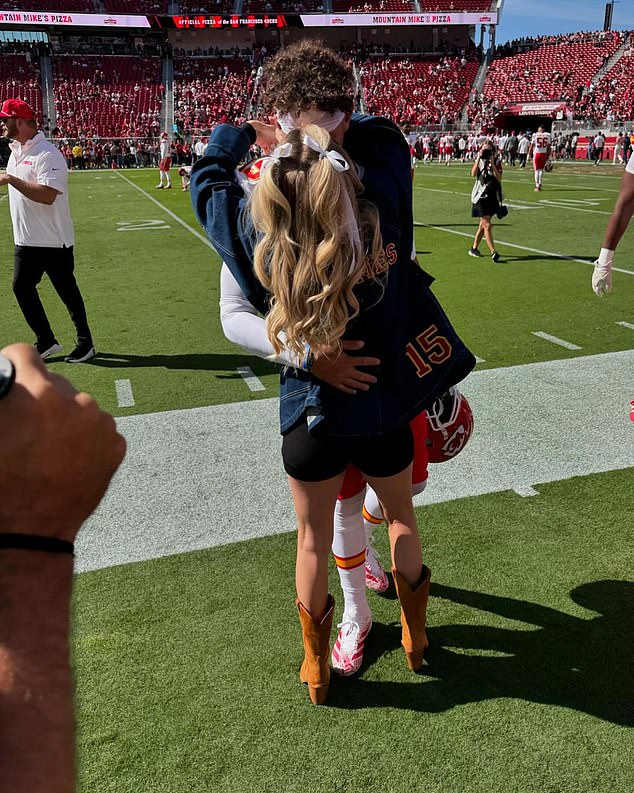 She captioned the post, '6-0 BABYYYYYY,' in reference to the Chiefs' 28-18 victory over the San Francisco Giants at Levi's Stadium in Santa Clarita, California.