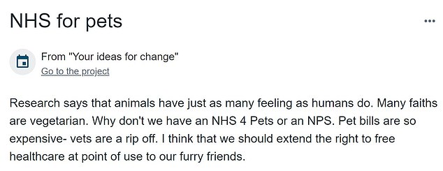 Other suggestions published online today also called for Tony Blair to be chief health officer and for the right to free healthcare to be extended to all pets.