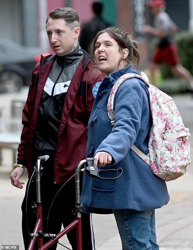 The comedian was seen laughing while filming the scenes, while sporting a blue coat with jeans and a multicolored polka dot sweater.