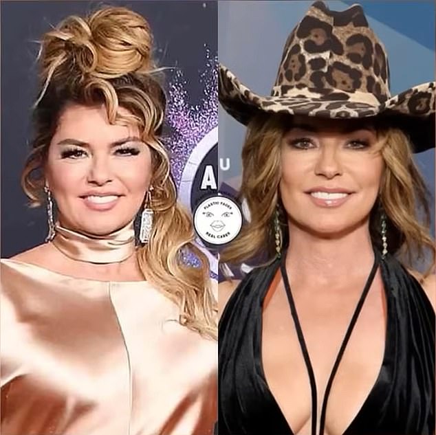 Shania Twain is pictured left at the AMAs in November 2019 and right at the Academy of Country Music Awards in August 2022.