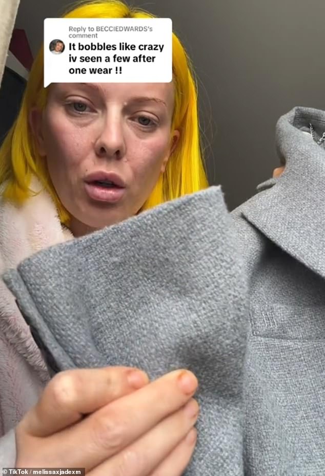 Melissa Jade said she had been wearing the jacket for two days before it started moving around the edges of the garment.