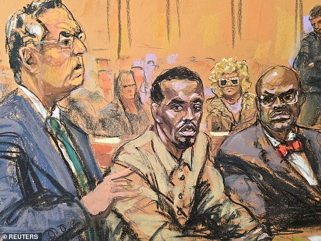 Pictured: Sean 'Diddy' Combs, accompanied by attorneys Marc Agnifilo and Anthony Ricco, and with his mother sitting in the back, attends a hearing in federal court in the Manhattan borough of New York City, USA. USA, October 10, 2024, in a sketch of the courtroom