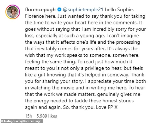 Florence responded to Sophie's message and thanked her for sharing her story.