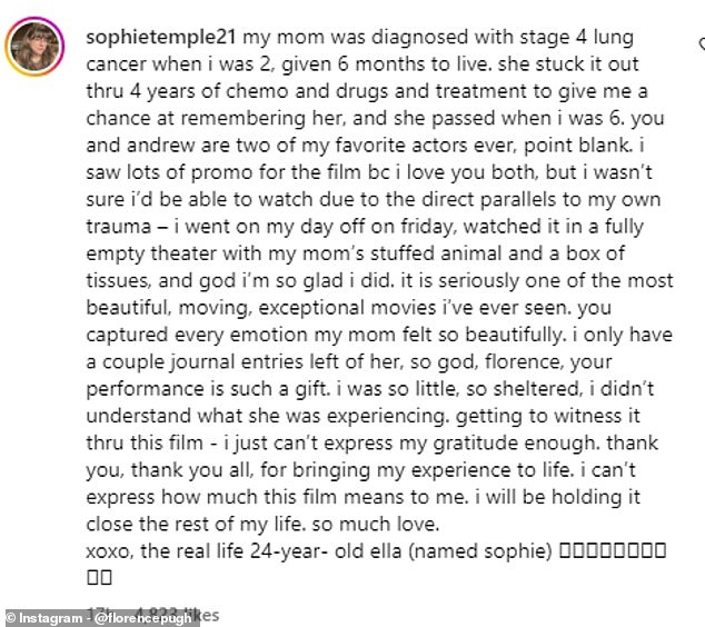 Sophie, 24, reached out to thank Florence in an emotional Instagram comment.