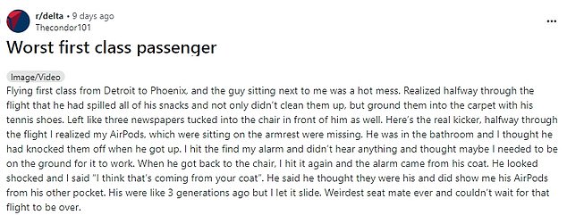 In a thread titled Delta, the passenger revealed that he was flying from Detroit to Phoenix while sitting in First Class.