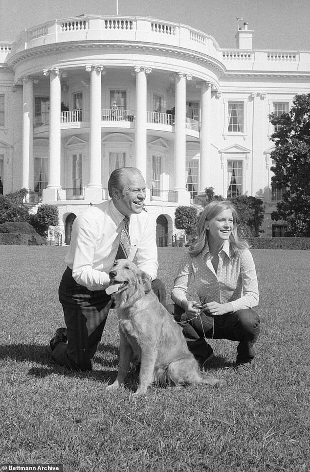 President Gerald Ford with his daughter Susan and their dog outside the White House.