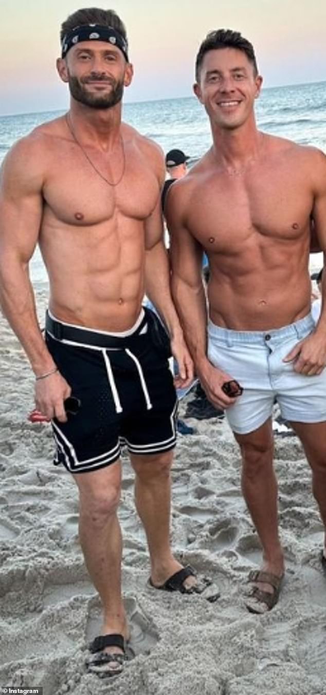 Bruno appears in happier moments on the beach with his boyfriend George Harlow