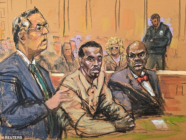 A sketch of Diddy in the Manhattan federal courtroom. Combs faces sexual abuse allegations dating back to the 1990s. These include allegations that he drugged a 13-year-old girl in 2000 and raped a man in 2022.