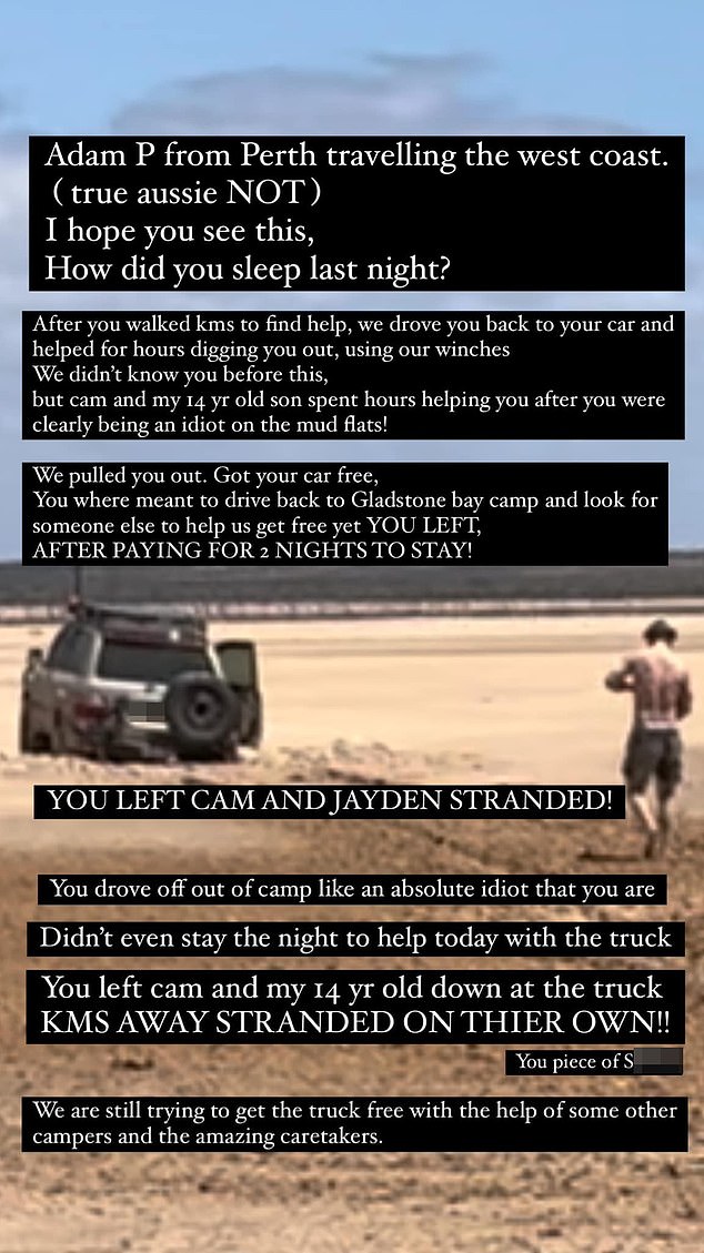 Adam promised to get the family help after their own car got stuck while they were helping to rescue his, but instead he just drove off and the family was stranded for three days.