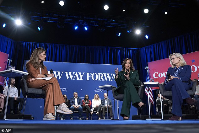 Vice President Democratic presidential candidate Kamala Harris speaks as moderator Maria Shriver, left, and former Republican Congresswoman Liz Cheney listen during a town hall.