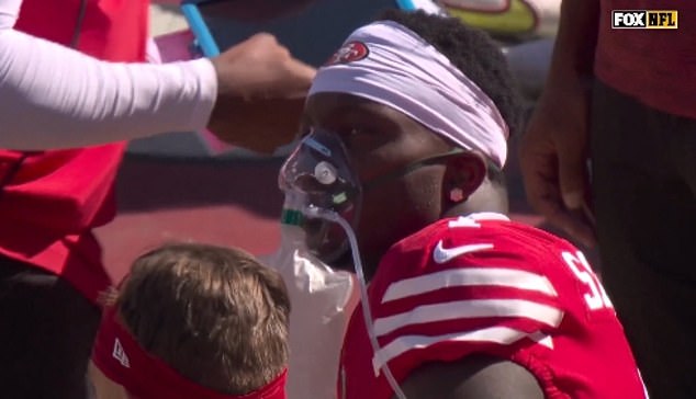 Samuel received oxygen on the sideline during Sunday's game against the Kansas City Chiefs