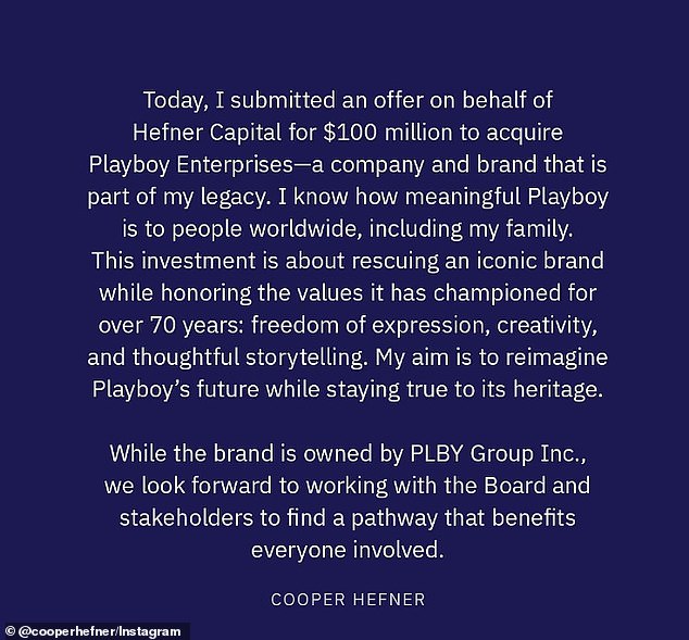 The 33-year-old announced he made a $100 million bid to acquire Playboy Enterprises in a statement posted to his Instagram on Monday.