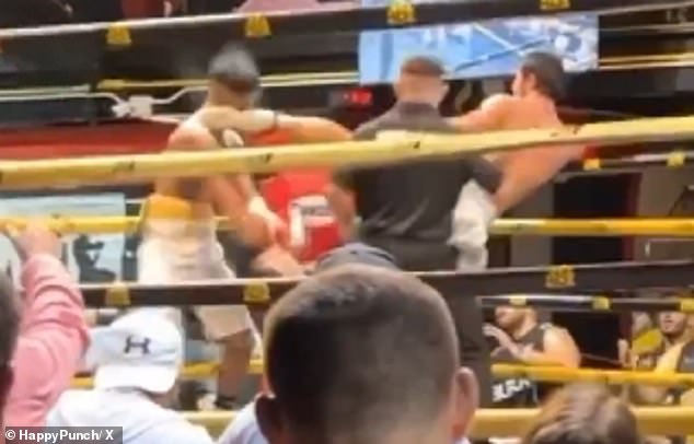 Abdurashidov knocked his opponent unconscious with an illegal head kick in the fourth round (pictured) before gloating about the act on social media.