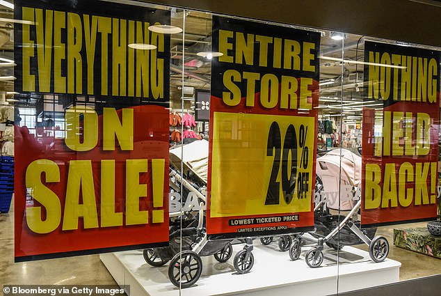 'Everything on Sale' signs at a Buy Buy Baby store in the Brooklyn borough of New York on February 26, 2023