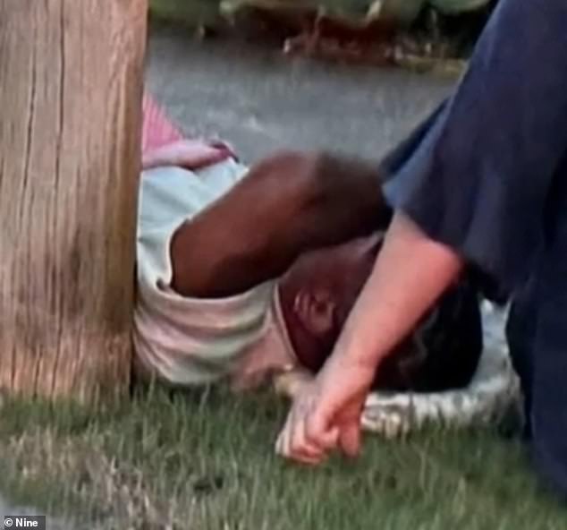 Mum is shown lying on the ground after the collision in the Brisbane suburb of Bardon last Friday.