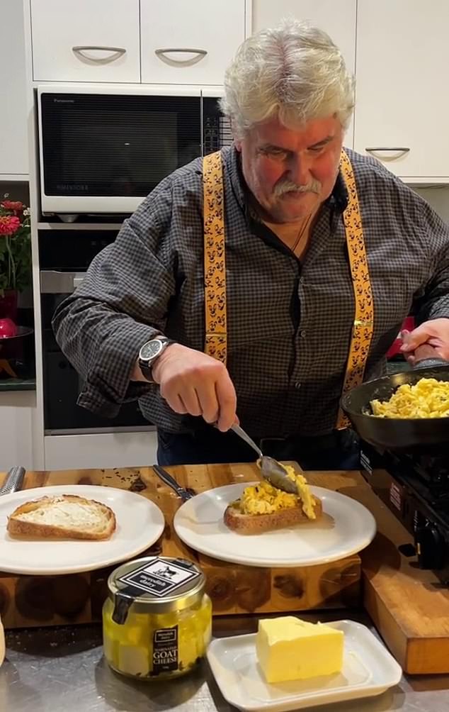 To plate the eggs, the chef spreads some bread with butter and spreads goat cheese on top.