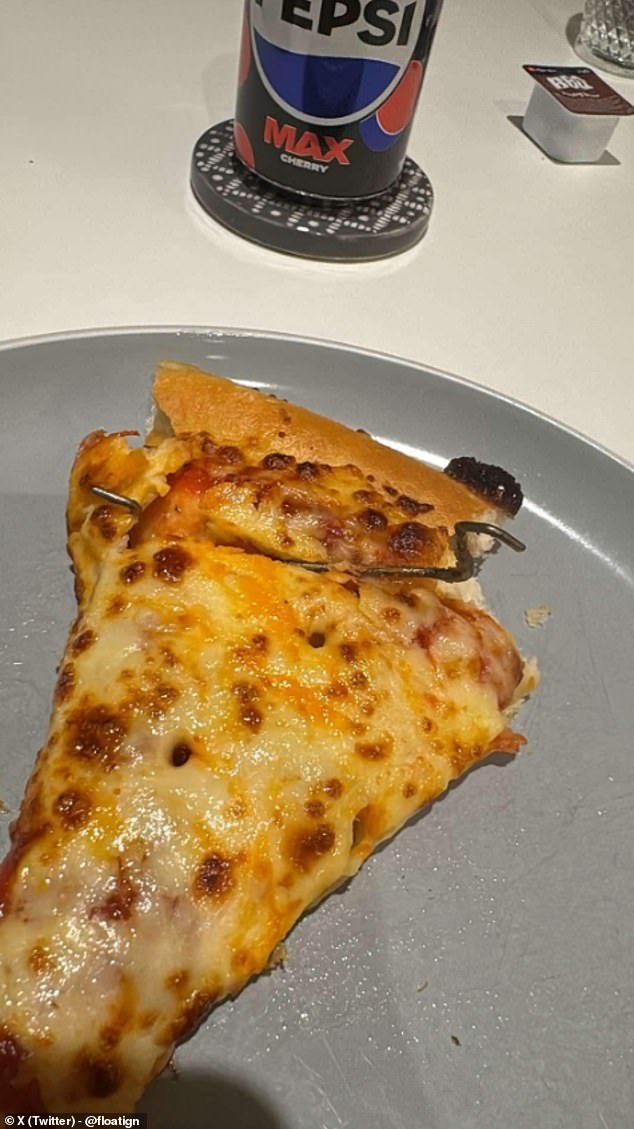 The mystery object, which has a hook on both ends, covers almost the entire edge of a slice of pizza.