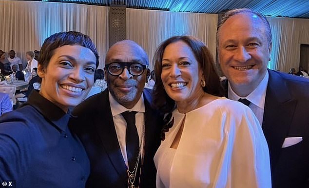 Rosario Dawson, Spike Lee, Vice President Kamala Harris and Second Gentleman Douglas Emhoff at a dinner in Ghana last year.