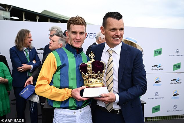 Trainer Joe Pride (right) watched jockey Chad Schofield win the King Charles III Stakes aboard his horse Ceolwulf.