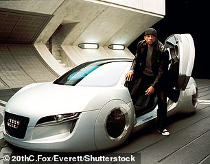 Det. Del Spooner (Will Smith) is pictured with the Audi RSQ, a concept car developed by Audi for use as product placement in the science fiction film.