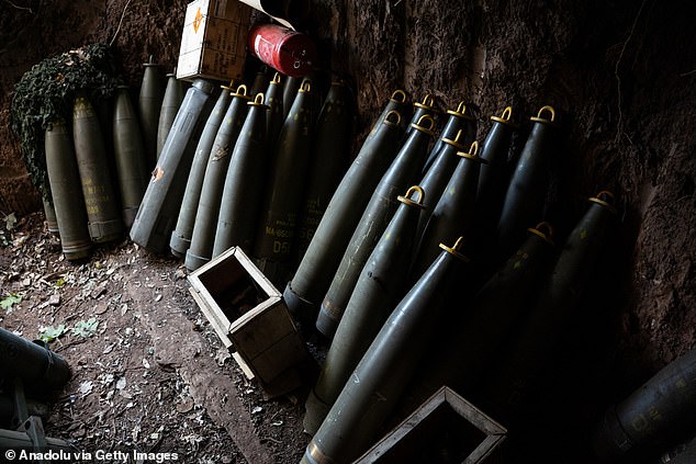 Ammunition of a Ukrainian artillery squad in Donetsk Oblast, Ukraine, on October 21, 2024