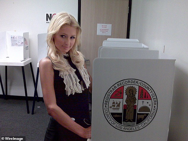 Socialite Paris Hilton votes at a polling station in Norwalk, California. 