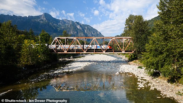 The entire Empire Builder route takes between 45 and 47 hours. The train can be seen here crossing the North Fork Skykomish River in Washington.