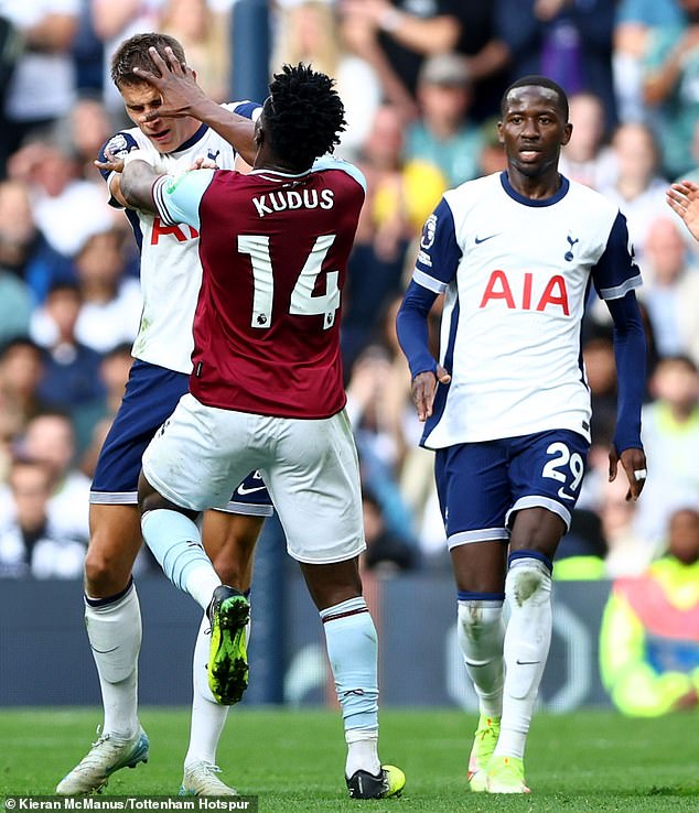 Mohammed Kudus was sent off during West Ham's defeat to Tottenham on Saturday