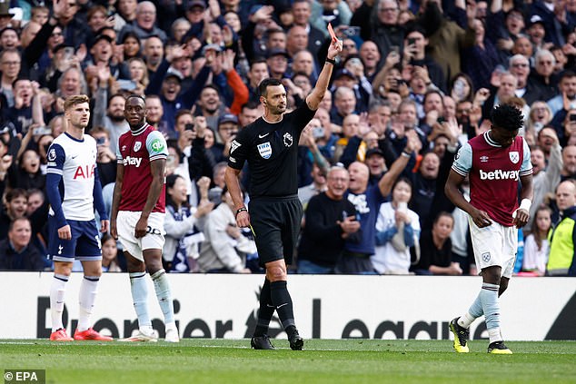 Kudus initially received a yellow card for charging at Spurs defender Micky van de Ven.