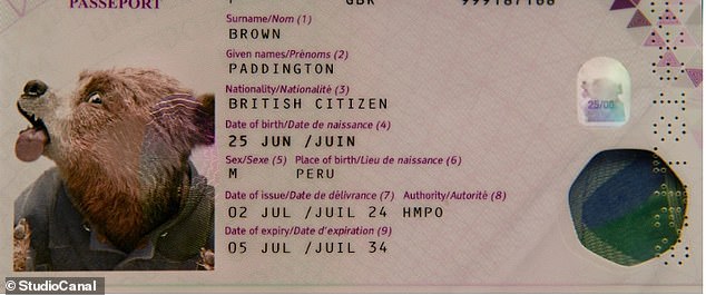 The passport also includes Paddington's date of birth, June 25, his surname Brown and his gender, as well as his British nationality and Peru as his place of birth.