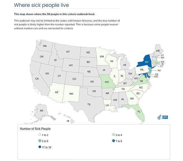 The map above shows the number of states with Boar's Head-related listeria contamination and the number of cases in each state.