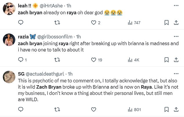 'It's crazy that Zach Bryan broke up with Brianna and is now with Raya. Like it's none of my business, I don't know anything about their personal lives, but still men are WILD