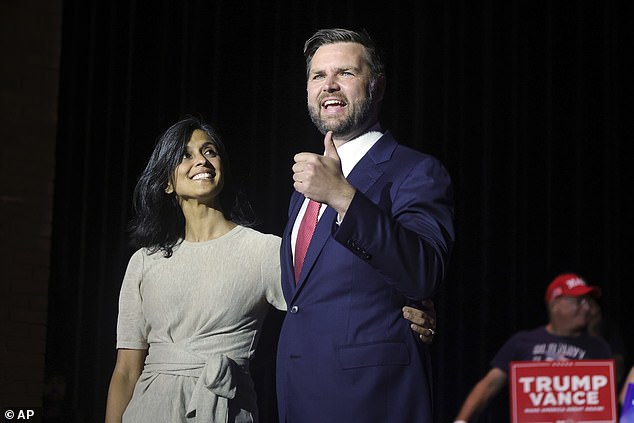 Vance with her husband at a rally in her hometown of Middletown, OH, on July 22, just after being named Donald Trump's running mate at the Republican National Convention.