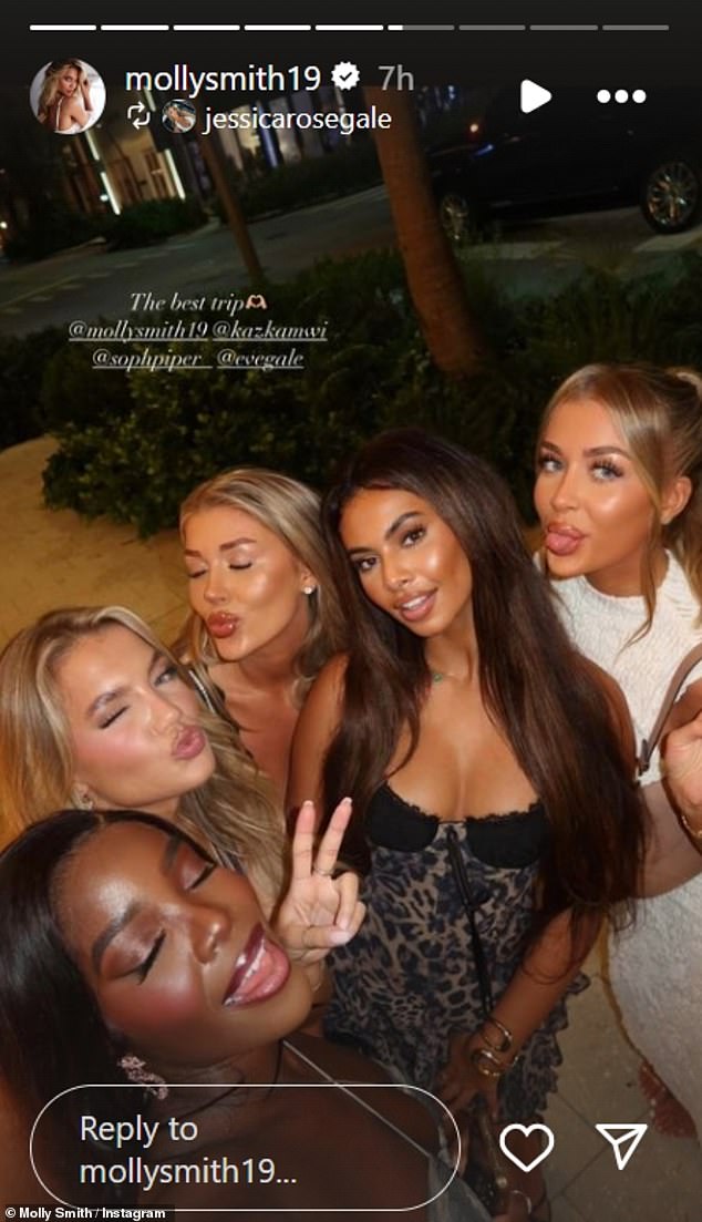 Sophie was joined in Miami by her fellow Love Island stars Molly Smith, Kaz Kamwi and Jess and Eve Gale.