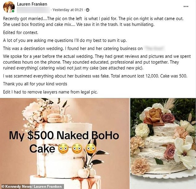 Since the wedding, Franken has shared a photo of the cake on social media, showing what she wanted versus what she got.