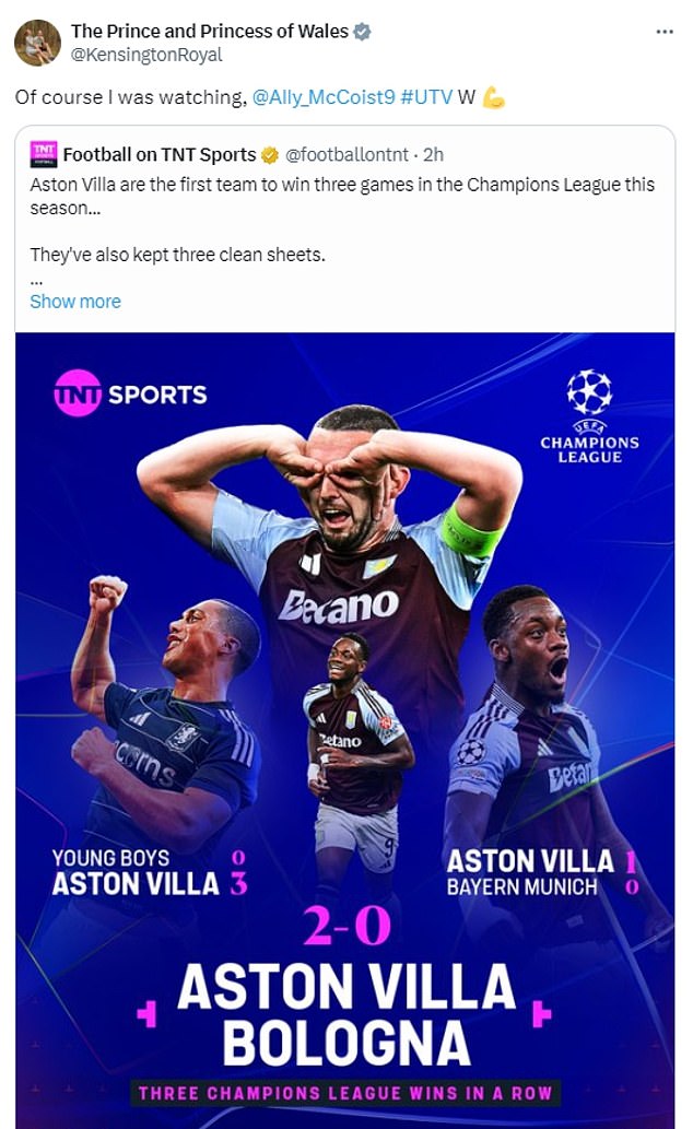 Prince William was celebrating last night after Aston Villa claimed a third successive Champions League victory. He tweeted at McCoist from the Kensington Royal X account.