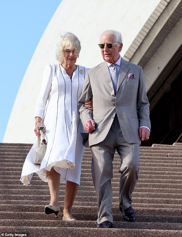 The King extended his arm for the Queen to hold as they descended steep steps to great applause from the excited crowd.