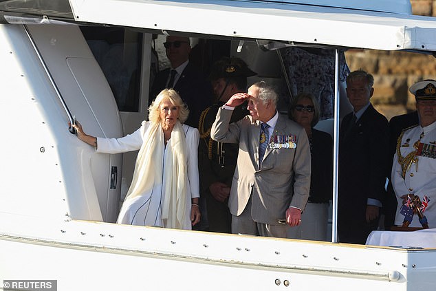 Camilla's choice of footwear appeared to defeat her, with the Queen leaning on the side of a ship for support during the Fleet Review.