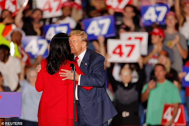 Trump introduced Gabbard at the end of his nearly two-hour remarks in which he talked about Elon Musk's rockets and suggested Kamala Harris was on drugs during his 60 Minutes interview, which he said was edited.