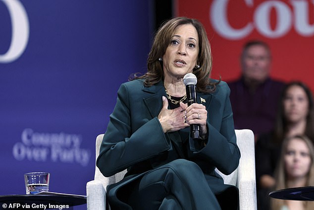 Vice President and Democratic presidential candidate Kamala Harris speaks during a moderated conversation