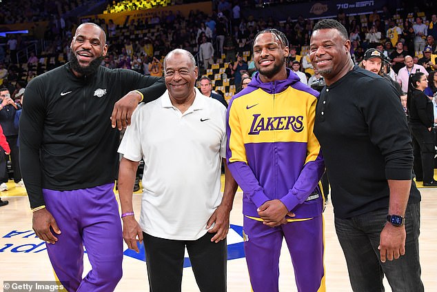 LeBron James, Ken Griffey Sr., Bronny James and Ken Griffey Jr. greet each other on Tuesday