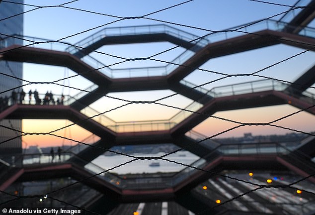 The flexible mesh allows visitors to take out their phones, but not their bodies, to capture views of the sculpture's interior and the surrounding cityscape.