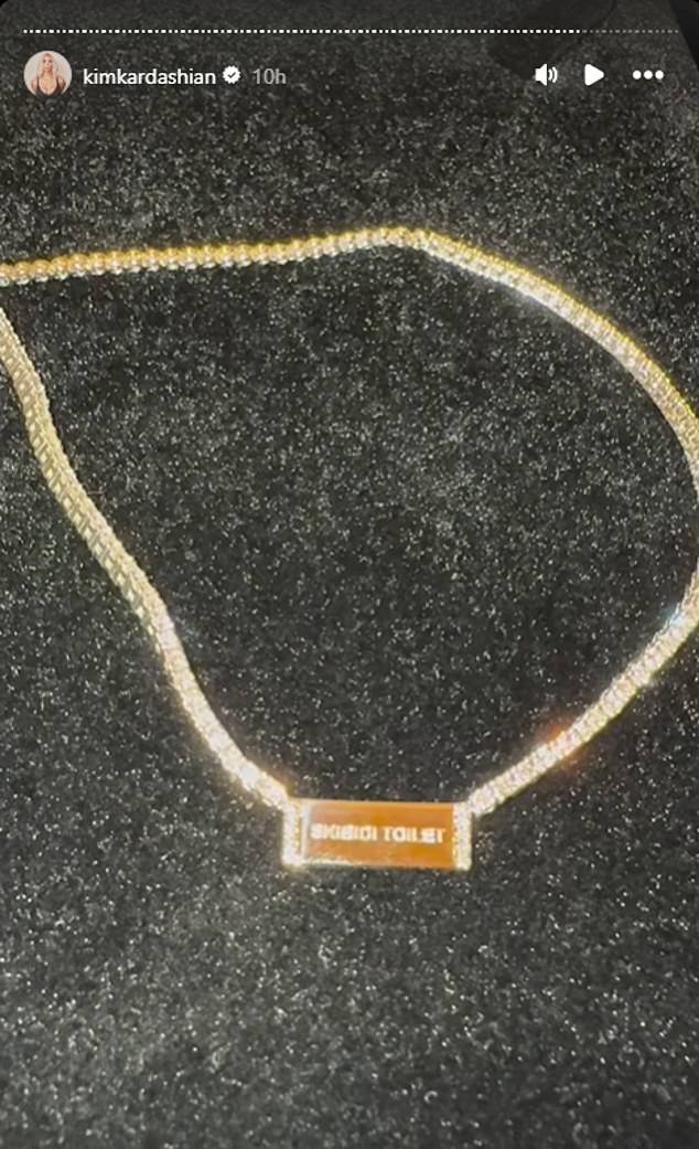 The 11-year-old fashionista gifted her makeup mogul mother a necklace with a diamond-encrusted plate engraved with the quirky phrase 'Skibidi Toilet' for Kim's 44th birthday on Monday.