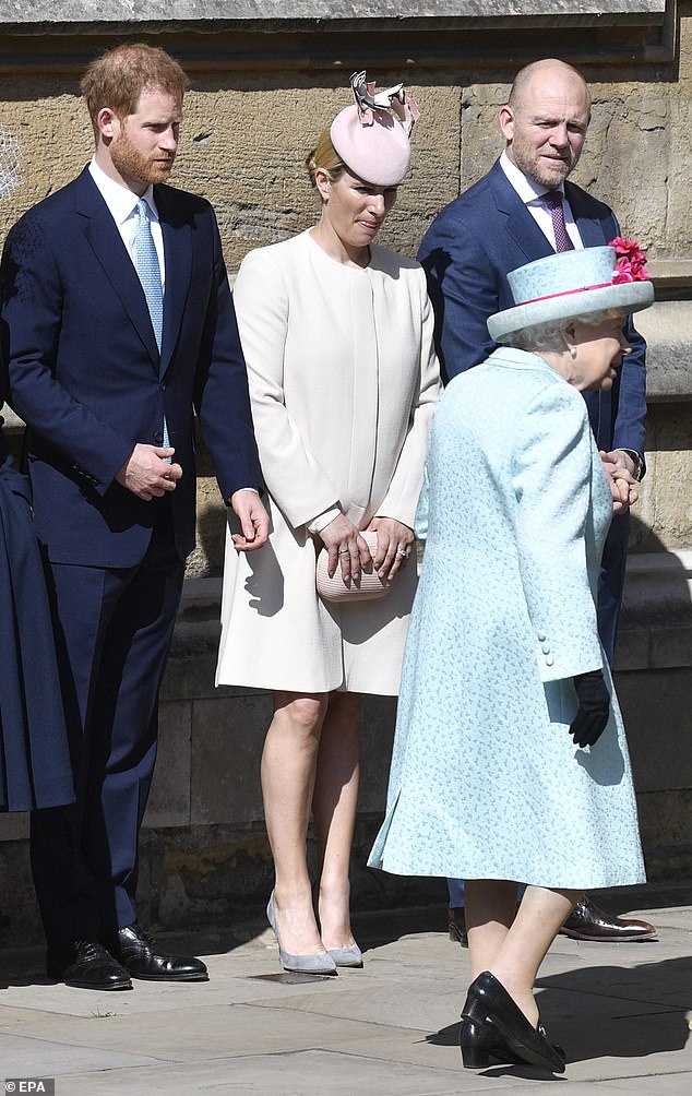 Prince Harry, Zara Tindall and Mike Tindall appear at Windsor Castle in 2019